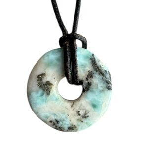 Round Caribbean Larimar Pendant on Leather Cord, Aqua Blue Semiprecious Stone